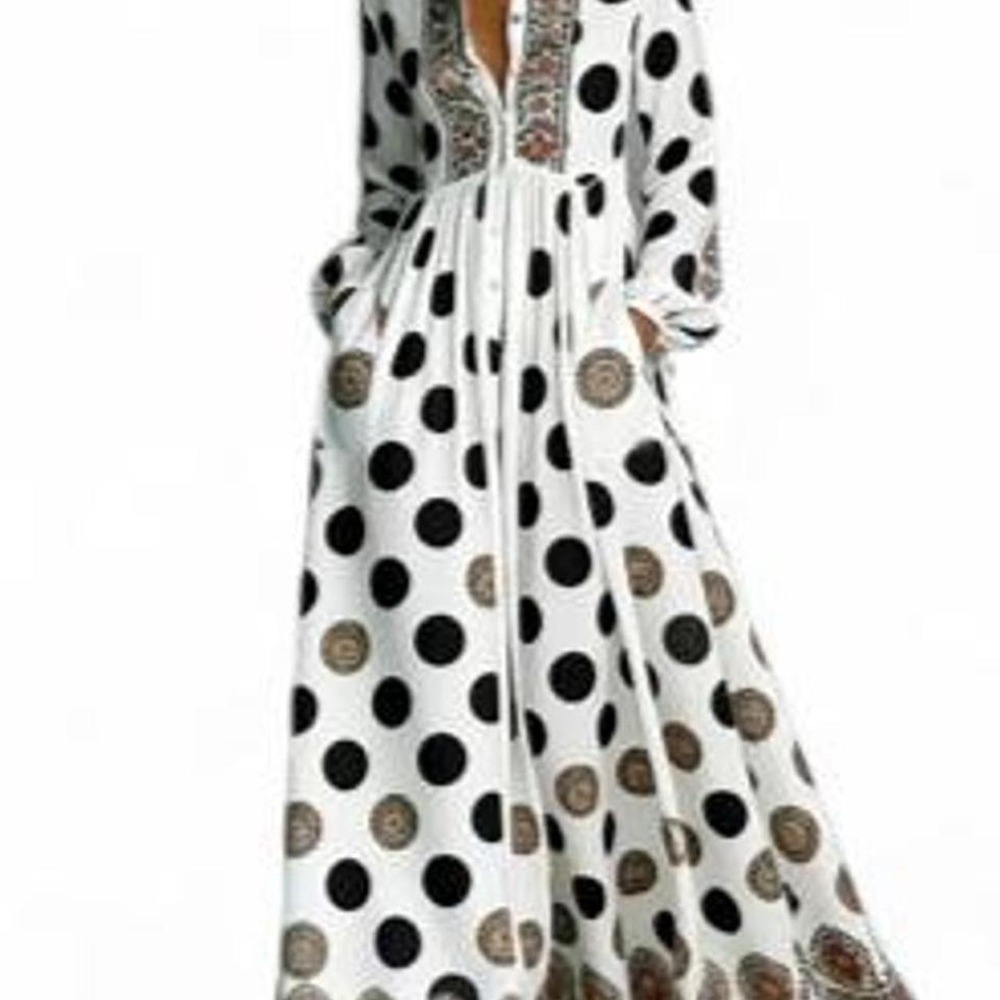 UOOZEE Women's Polka-Dot Pocketed Pleated Contrast Color Buttoned Big Hemline